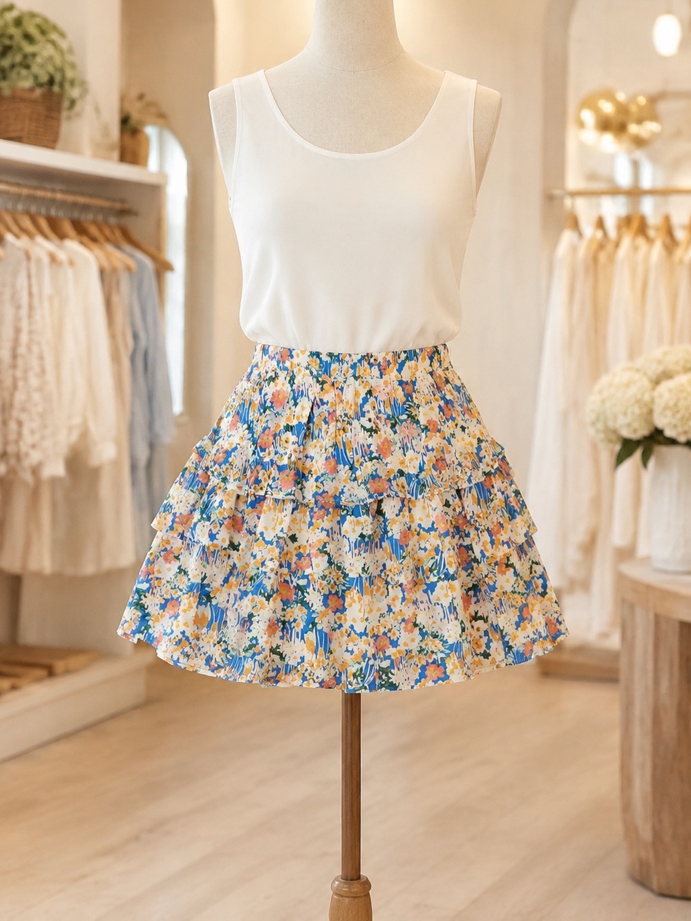 Meet me in Santorini Floral Tiered Mini Skirt in Blue & Yellow